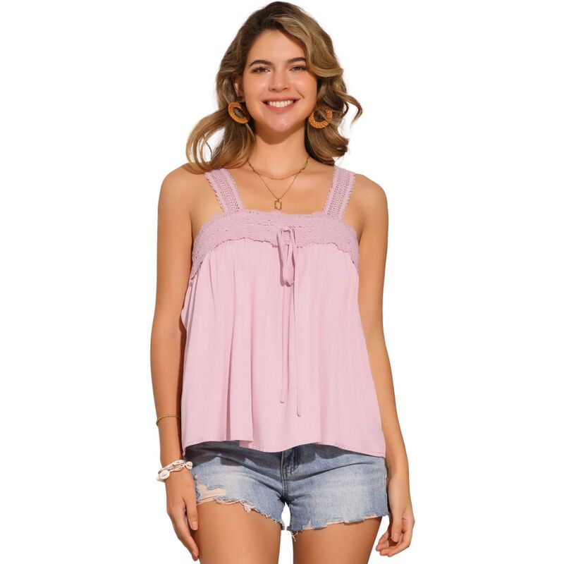 アレグラ ケー レディース トップス Tシャツ フリル ノースリーブ レース ALLEGRA K Casual Sleeveless Top for Women Square Neck Panelace Ruffles Tank Tops Pink ピンク
