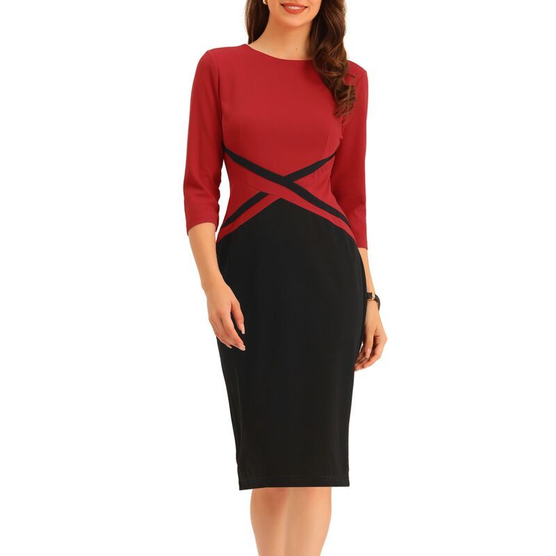 アレグラ ケー レディース トップス ワンピース コントラスト ALLEGRA K Womensheath Dresses Contrast Color 34 Sleeve Bodycon Work Office Pencil Dress Red レッド