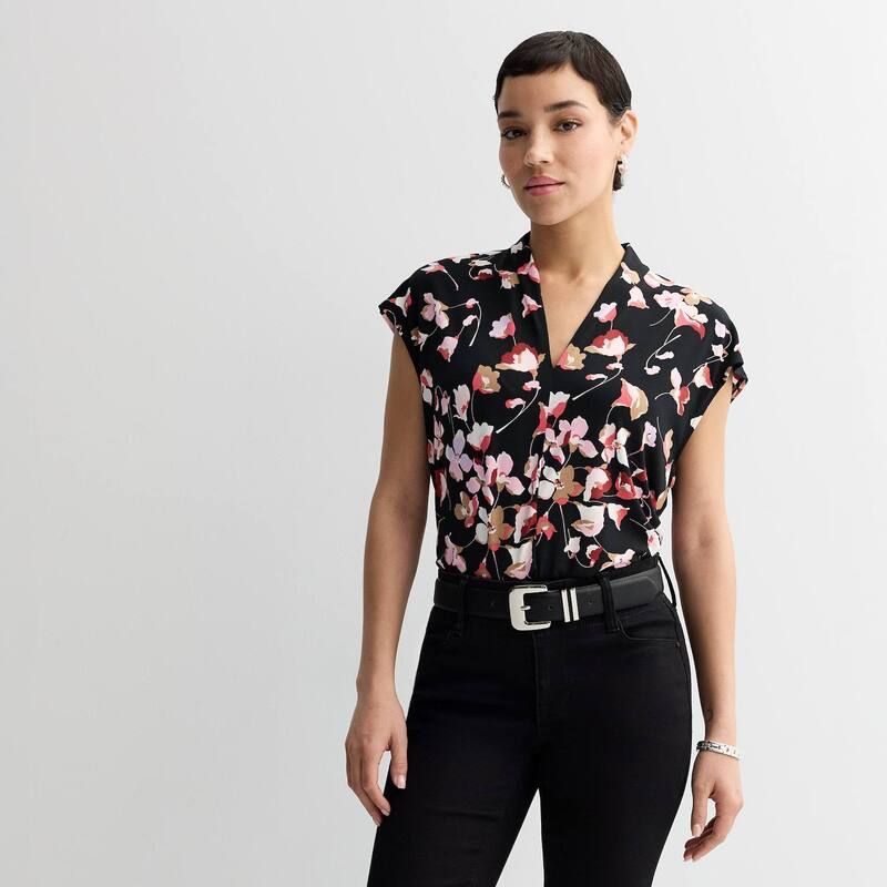 ナインウェスト レディース トップス Tシャツ Vネック プチ ニット Petite Nine West Dolman VNecknitop Black Darya Floral ブラック