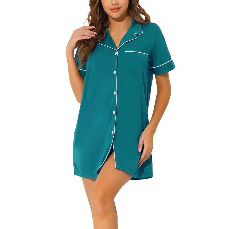 cheibear レディース アンダーウェア ナイトウェア ボタンダウン シャツ ダウン cheibear Womensummer Short Sleeves Button Down Sleepshirt Peacock Green グリーン