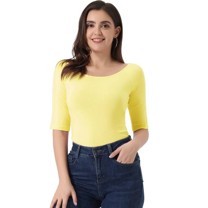 アレグラ ケー レディース トップス シャツ ALLEGRA K Womens Half Sleevescoop Neck Fitted Layering Top TShirt Light Yellow イエロー