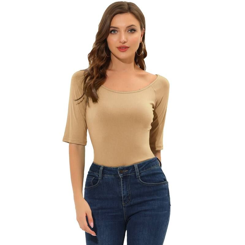 アレグラ ケー レディース トップス シャツ ALLEGRA K Womens Half Sleevescoop Neck Fitted Layering Top TShirtan タン