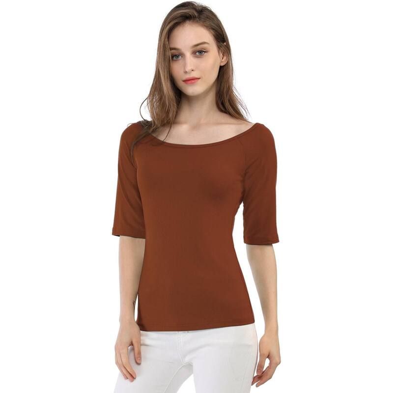 アレグラ ケー レディース トップス シャツ ALLEGRA K Womens Half Sleevescoop Neck Fitted Layering Top TShirt Brown ブラウン