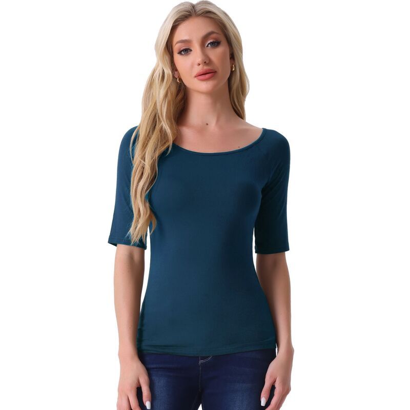 アレグラ ケー レディース トップス シャツ ALLEGRA K Womens Half Sleevescoop Neck Fitted Layering Top TShirt Dark Blue ブルー