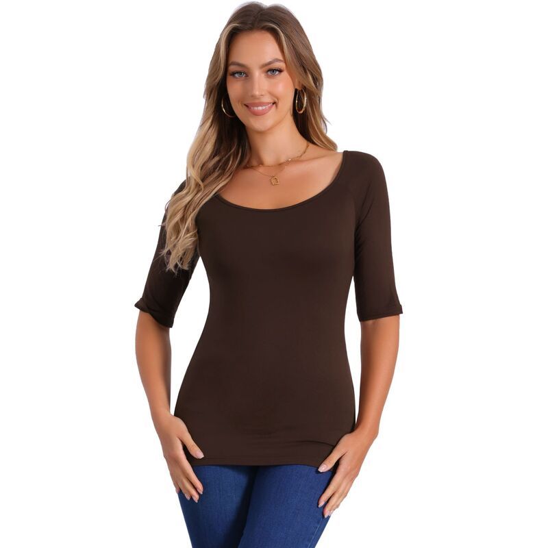 アレグラ ケー レディース トップス シャツ ALLEGRA K Womens Half Sleevescoop Neck Fitted Layering Top TShirt Coffee Brown ブラウン