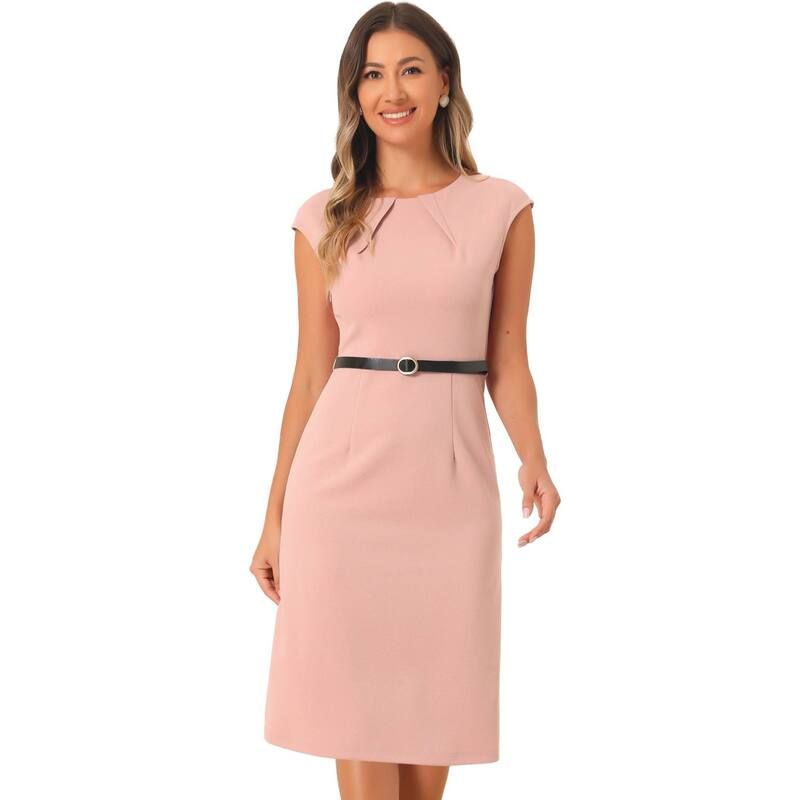 アレグラ ケー レディース トップス ワンピース キャップ ALLEGRA K Elegant Office Dress for Womens Round Neck Cap Sleeve Belted Work Sheath Dresses Pink ピンク