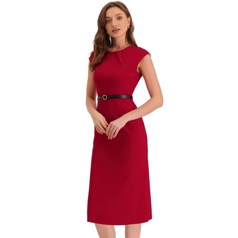 アレグラ ケー レディース トップス ワンピース キャップ ALLEGRA K Elegant Office Dress for Womens Round Neck Cap Sleeve Belted Work Sheath Dresses Red レッド