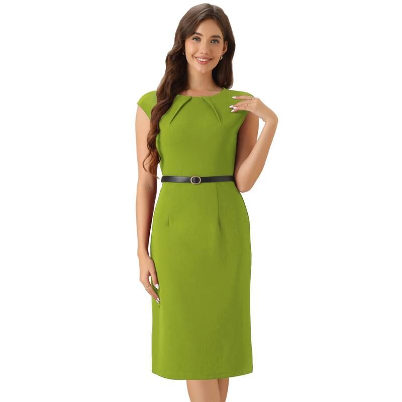 アレグラ ケー レディース トップス ワンピース キャップ ALLEGRA K Elegant Office Dress for Womens Round Neck Cap Sleeve Belted Work Sheath Dresses Light Gre