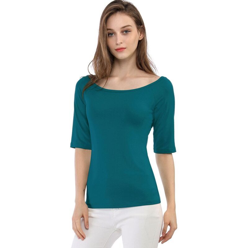 アレグラ ケー レディース トップス シャツ ALLEGRA K Womens Half Sleevescoop Neck Fitted Layering Top TShirt Blue Green ブルー