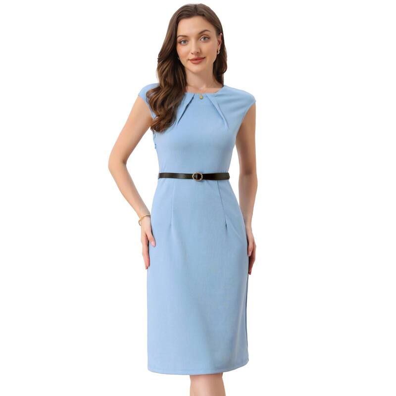 アレグラ ケー レディース トップス ワンピース キャップ ALLEGRA K Elegant Office Dress for Womens Round Neck Cap Sleeve Belted Work Sheath Dresses Light Blu