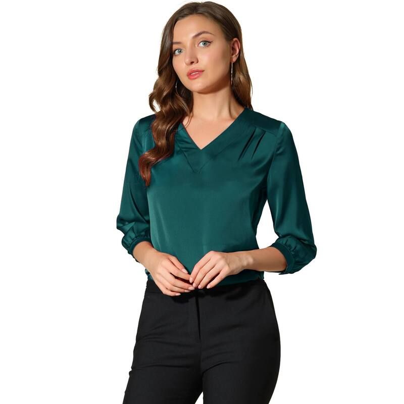 アレグラ ケー レディース トップス シャツ Vネック サテン ブラウス ALLEGRA K Womens VNeck 34 Sleeve Casual Office Work Satin Blouses Blue Green ブルー