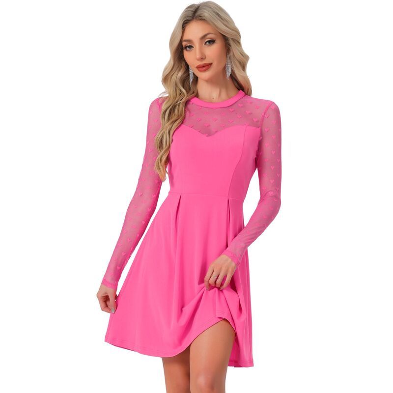 アレグラ ケー レディース トップス ワンピース A ライン ドット メッシュ シアー ALLEGRA K Womens Heart Polka Dots Mesheer Skater Prom ALine Short Dress Hot Pink ピンク