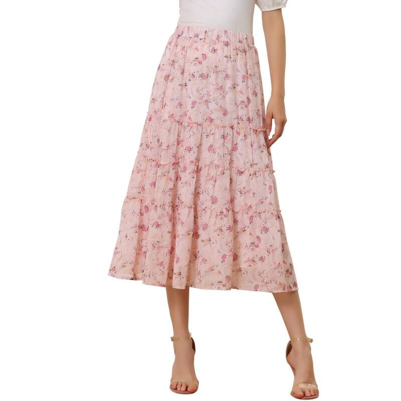 アレグラ ケー レディース ボトムスカート ティアード フラワー柄 プリント フリル マキシ フラワー ALLEGRA K Womens Floral Print Elastic Waist Ruffle Maxi Tiered Skirt Pink ピンク