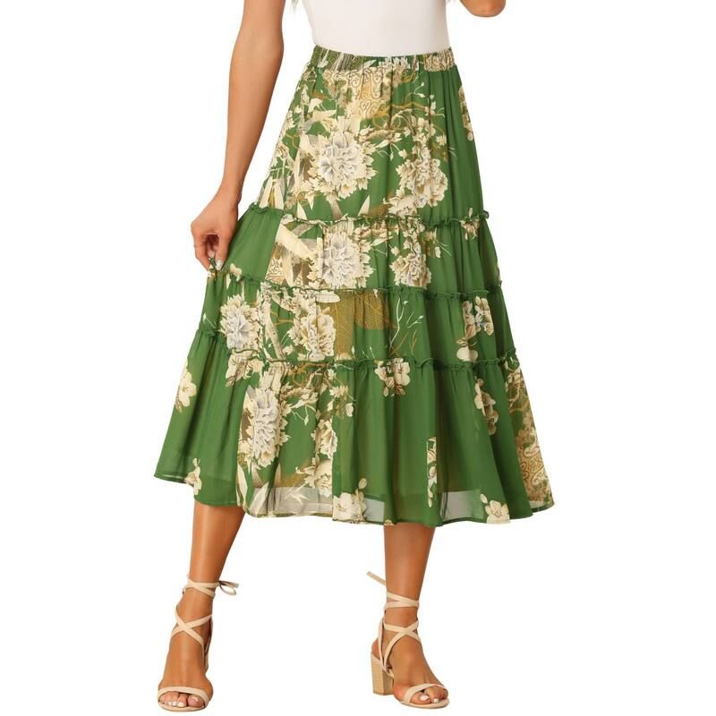 アレグラ ケー レディース ボトムスカート ティアード フラワー柄 プリント フリル マキシ フラワー ALLEGRA K Womens Floral Print Elastic Waist Ruffle Maxi Tiered Skirt Deep Gree