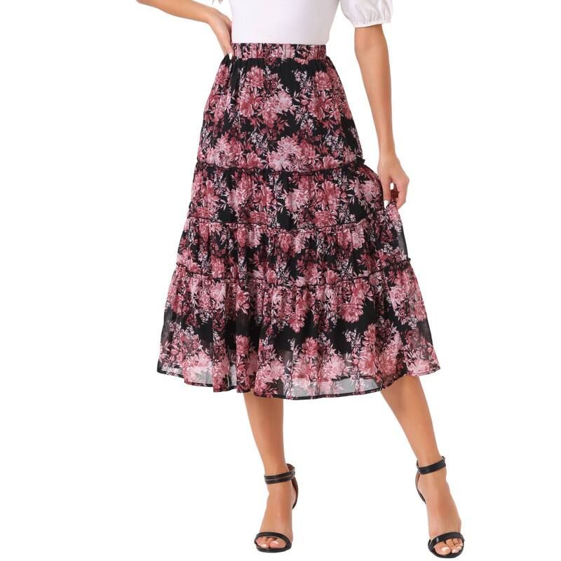 アレグラ ケー レディース ボトムスカート ティアード フラワー柄 プリント フリル マキシ フラワー ALLEGRA K Womens Floral Print Elastic Waist Ruffle Maxi Tiered Skirt Black Pin