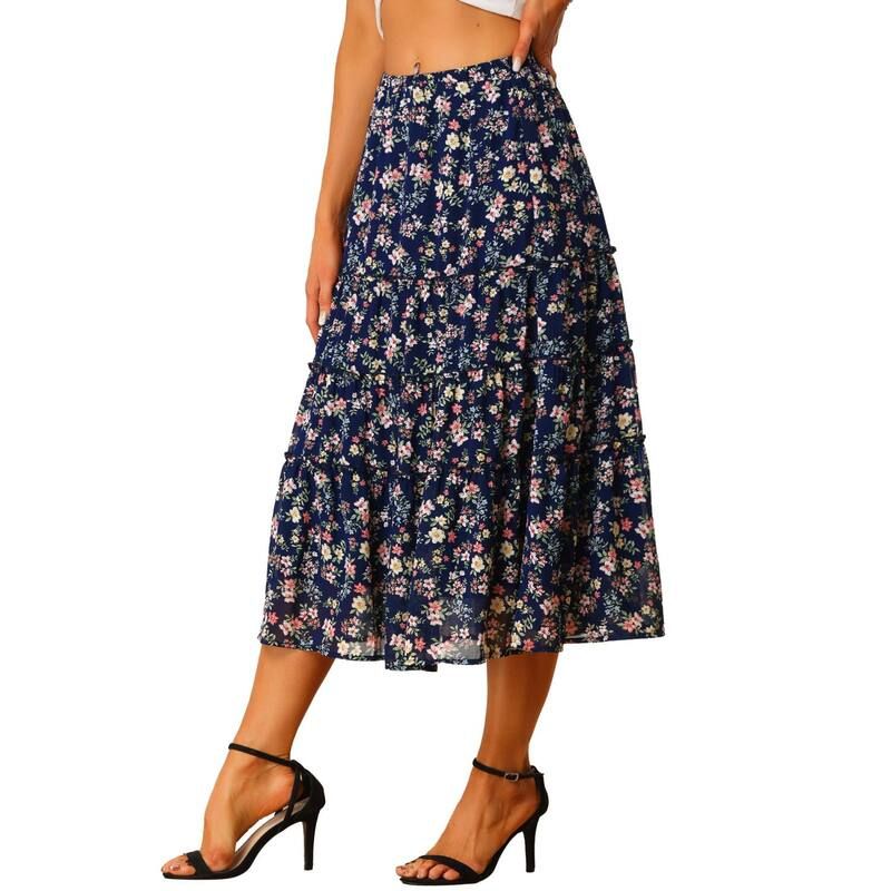 アレグラ ケー レディース ボトムスカート ティアード フラワー柄 プリント フリル マキシ フラワー ALLEGRA K Womens Floral Print Elastic Waist Ruffle Maxi Tiered Skirt Navy Blue