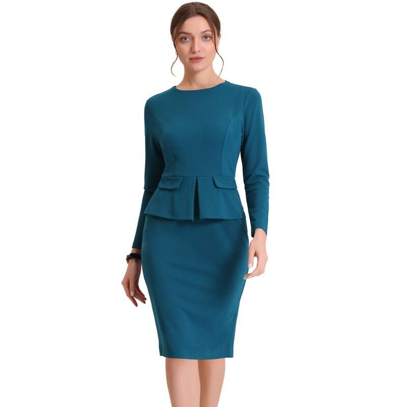 アレグラ ケー レディース トップス ワンピース ALLEGRA K Womens Bodycon Pencil Dress Round Neck 34 Sleeve Peplum Wear to Work Office Sheath Dress Lake B