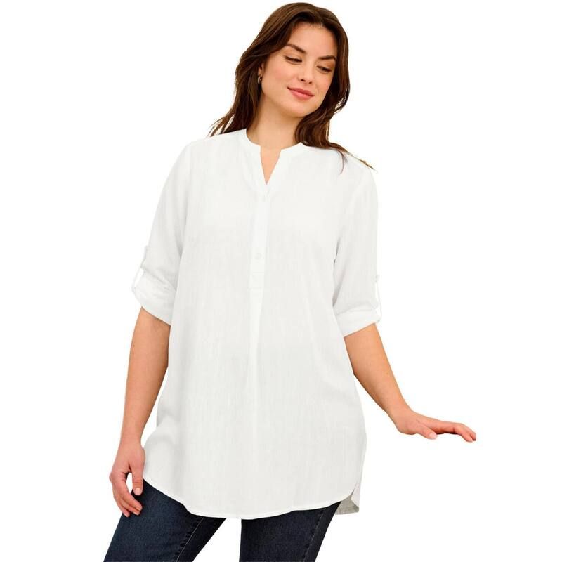 Ellos レディース トップス Tシャツ リラックスフィット プラスサイズ コットン ellos Plusize ThreeQuarter Sleeve Roll Tab Relaxed Fit 100 Cotton Henley Tunic White ホ