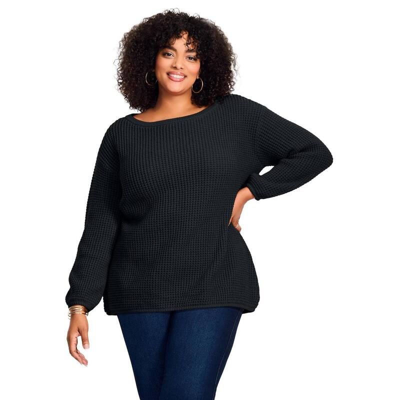 アベニュー レディース アウター ニット・セーター プラスサイズ Avenue Womens Plusize Waffle Stitch Pullover Sweater Black ブラック