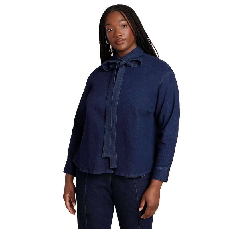 エロクイ レディース トップス Tシャツ プラスサイズ デニム ELOQUII Womens Plusize Denim Top With Bow Tie Dark Wash デニム