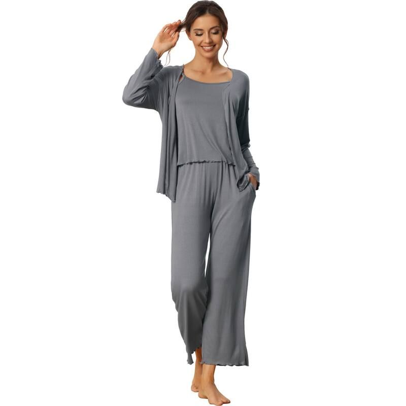 cheibear レディース アンダーウェア ナイトウェア パンツ cheibear Womens 3 Pcsleepwear Solid Color Long Sleeve Tops Cami and Pants Pajama Set Grey グレー