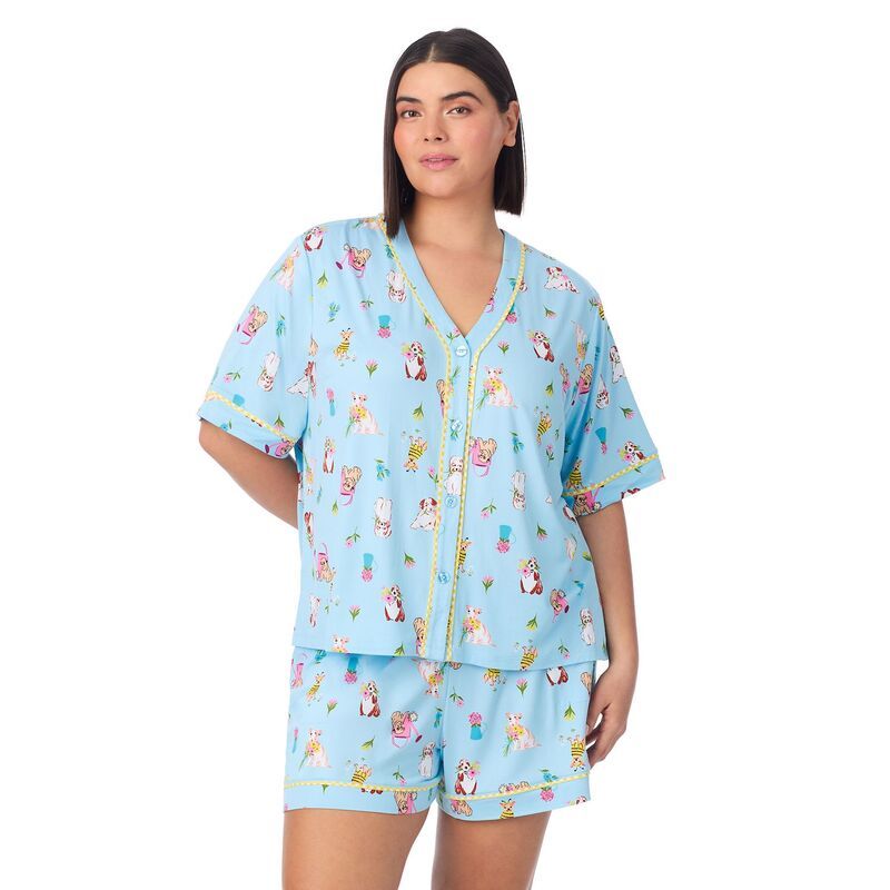 クドルドッズ レディース アンダーウェア ナイトウェア プラスサイズ Plusize Cuddl Dudshort Sleeve Pajama Top Pajama Boxer Short Set Blue Gardening Dogs ブルーネグリジェ