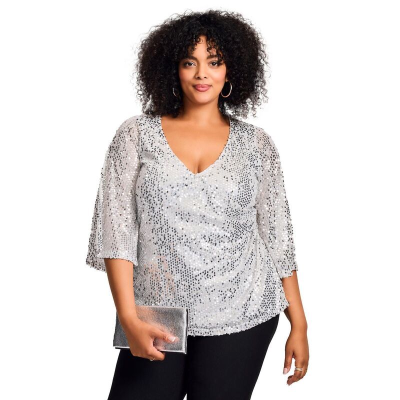 アベニュー レディース トップス Tシャツ プラスサイズ スパンコール Avenue Womens Plusize Faux Wrap Sequin Top Silver Sequin シルバー