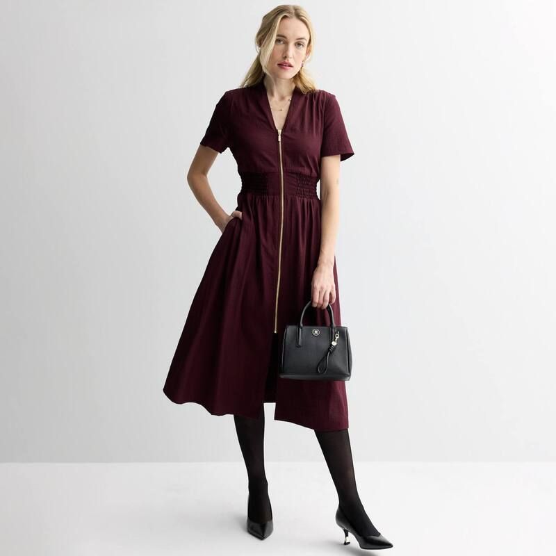 ナインウェスト レディース トップス ワンピース プチ ミディ Petite Nine West Zip Front Midi Dress Maddie Plum プラム