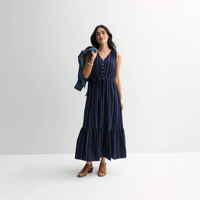 ソノマ レディース トップス ワンピース プチ マキシ Petite Sonoma Goods For Lifemme Button Bodice Maxi Dress Navy Blue Dot Dye ネイビー
