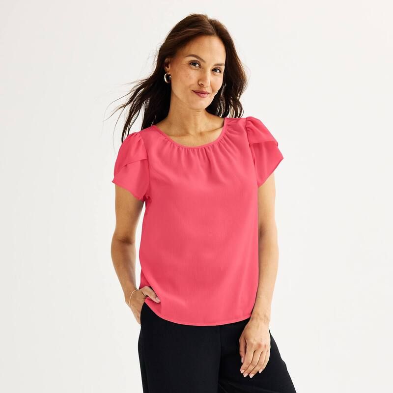 ナインウェスト レディース トップス シャツ クルーネック ブラウス Womens Nine West Gathered Crewneck Tulip Sleeve Blouse Coral Vista コーラル