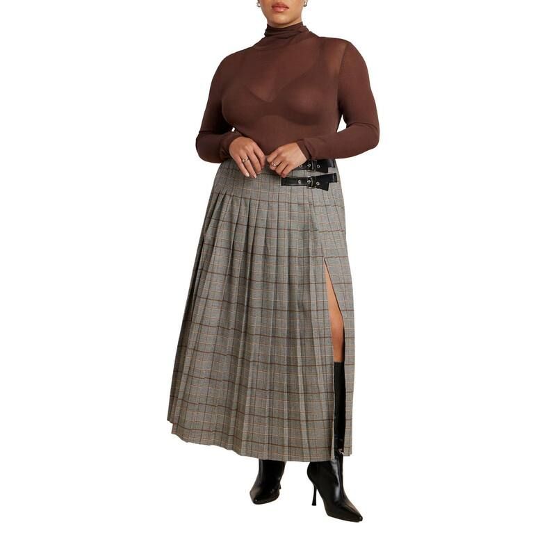 エロクイ レディース ボトムスカート プラスサイズ プリーツ マキシ ELOQUII Womens Plusize Maxi Pleated Skirt With Buckle Detail And Slit Grey Plaid グレー