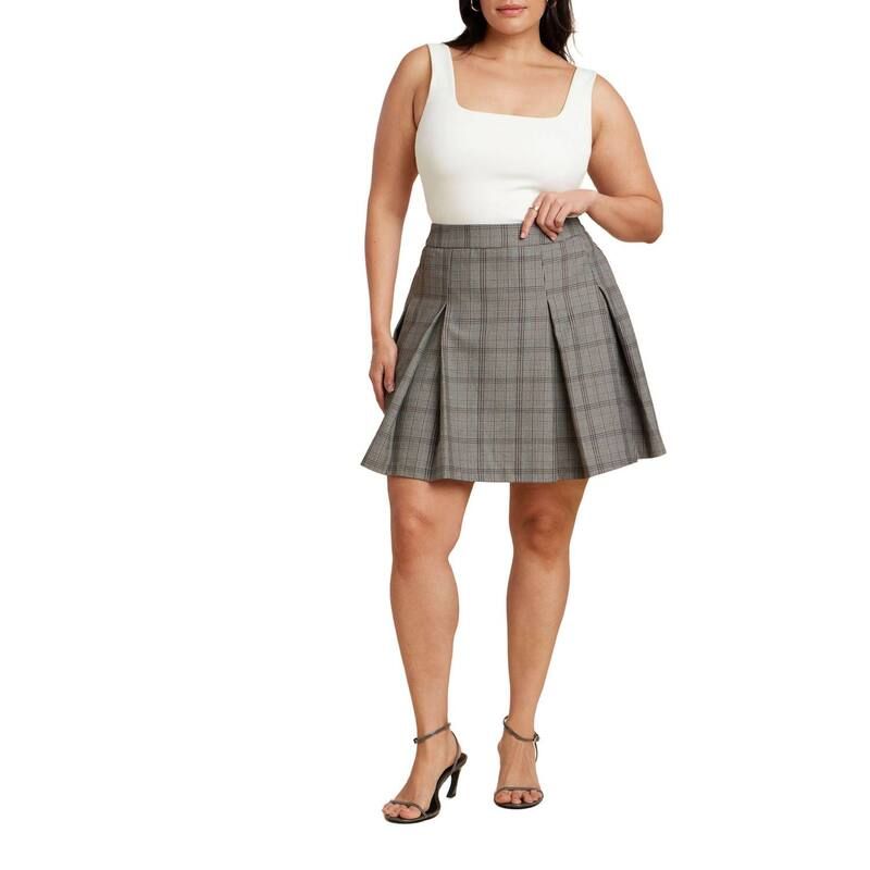 エロクイ レディース ボトムスカート プラスサイズ プリーツ ミニ ELOQUII Womens Plusize Pleated Mini Skirt Grey Plaid グレー