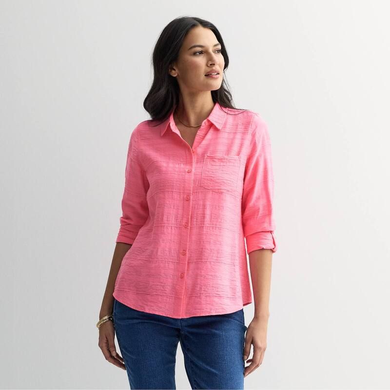 クロフト&バロー レディース トップス シャツ ブラウス Womens Croft Barrow Long Sleeve Collared Blouse Petunia Blush ブラッシュ