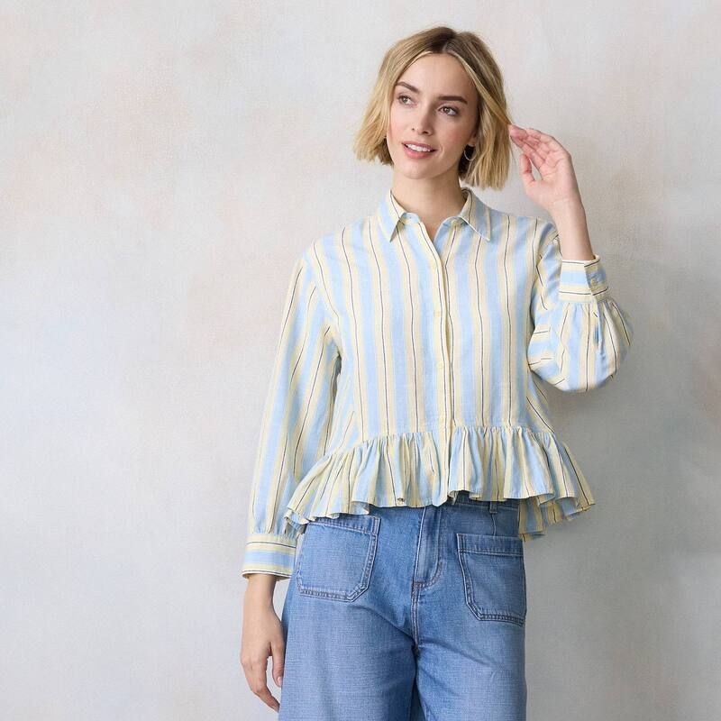 LC Lauren Conrad レディース トップス シャツ フリル Womens LC Lauren Conrad Collared ButtonFront Shirt With Ruffle Yelloweston Stripe イエロー