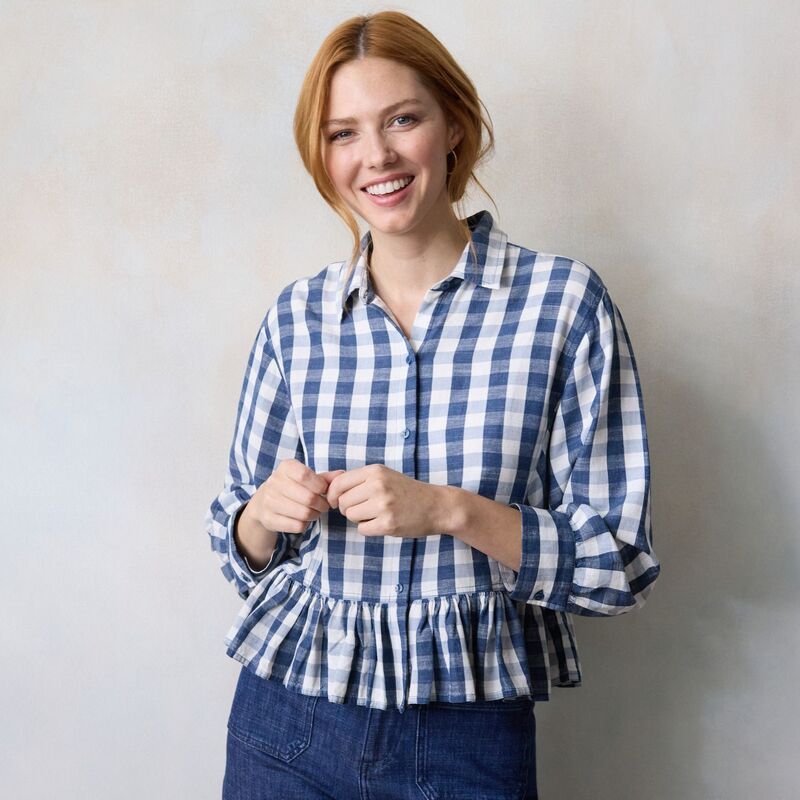 LC Lauren Conrad レディース トップス シャツ フリル Womens LC Lauren Conrad Collared ButtonFront Shirt With Ruffle Navy Lovin Gingham ネイビー