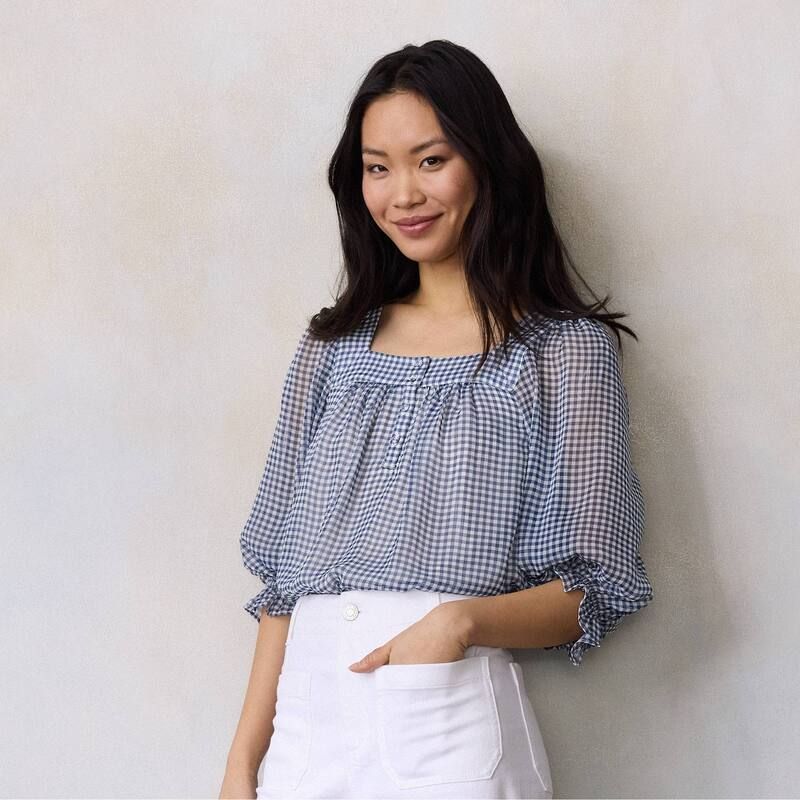 LC Lauren Conrad レディース トップス シャツ ブラウス Women s LC Lauren Conrad 34 Length Sleeve Henley Peasant Blouse Navy Lively Gingham ネイビー