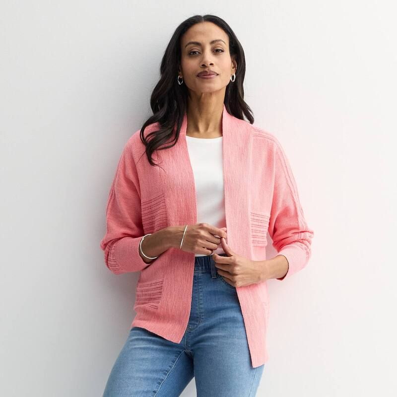 クロフト＆バロー レディース アウター ニット・セーター カーディガン Womens Croft Barrow Textured OpenFront Cardigan Viva Peach ピーチ