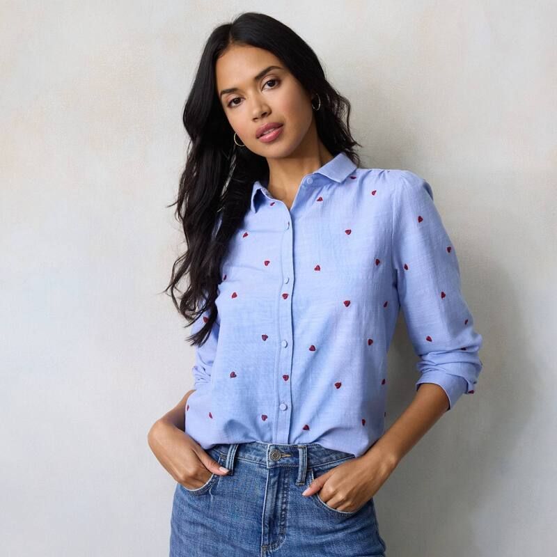LC Lauren Conrad レディース トップス シャツ プチ プリント Petite LC Lauren Conrad Button Front Shirt witheart Print Peri Tossed Hearts
