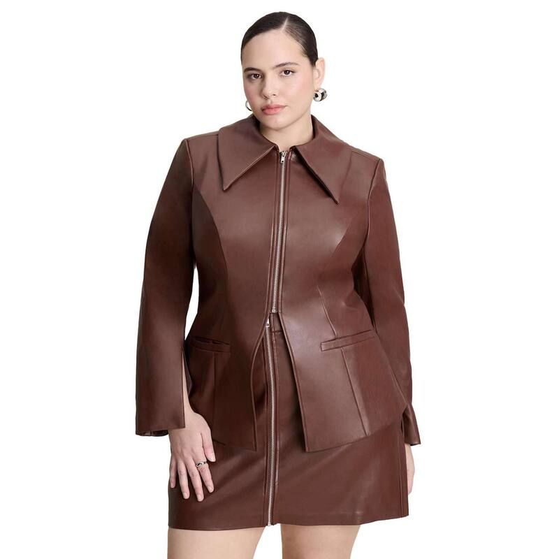 エロクイ レディース アウター ジャケット・ブルゾン プラスサイズ レザー フェイクレザー ELOQUII Womens Plusize Faux Leather Split Hem Jacket Chocolate Fondant チョコレート