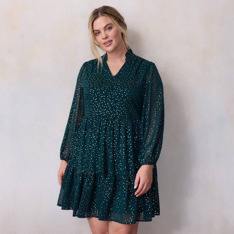 LC Lauren Conrad レディース トップス ワンピース ティアード プラスサイズ シャツ Plusize LC Lauren Conrad Babydoll Tiered Shirtdress Olympic Green グリーン