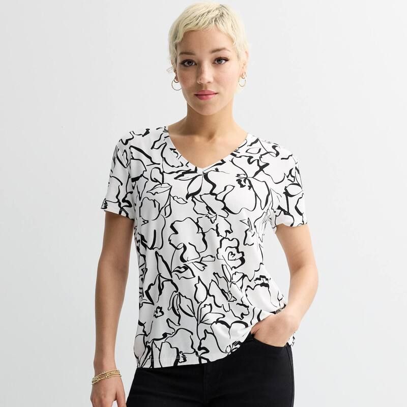 ナインウェスト レディース トップス Tシャツ Vネック プチ Petite Nine West Essential Short Sleeve VNeck Tee White Josefina Floral ホワイト