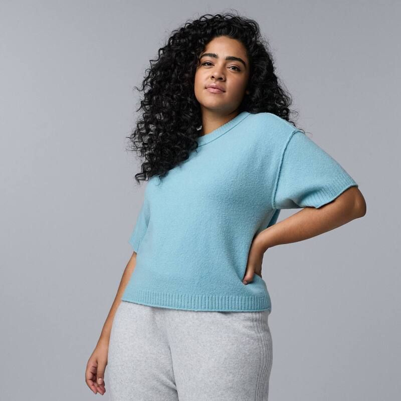 ヴェラウォン レディース アウター ニット・セーター プラスサイズ Plusize Simply Vera Wang Luxe Cashmere Blend Short Sleeve Sweater Mystic Gulf