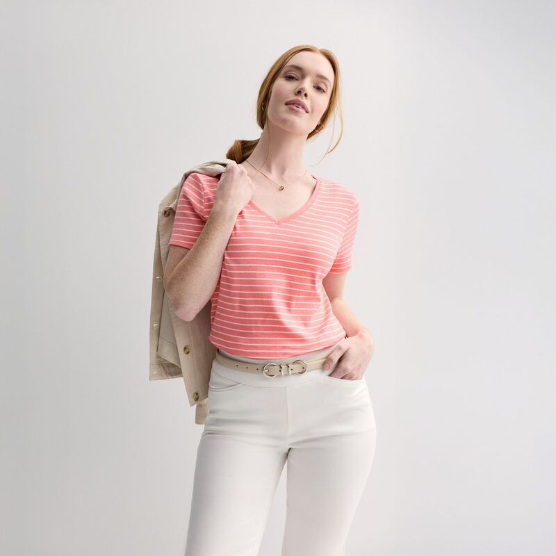 クロフト＆バロー レディース トップス Tシャツ Vネック プチ Petite Croft Barrow Essential VNeck Tee Peach Thin Stripe ピーチ