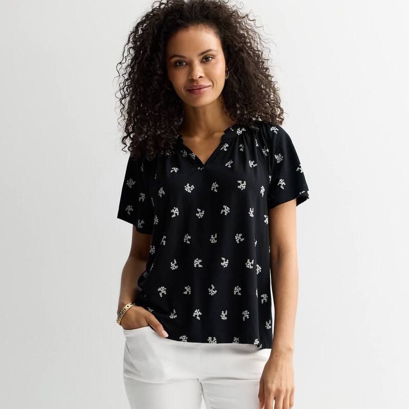 クロフト＆バロー レディース トップス Tシャツ シャーリング Womens Croft Barrow Smocked Raglan Top Black Smart Blooms ブラック