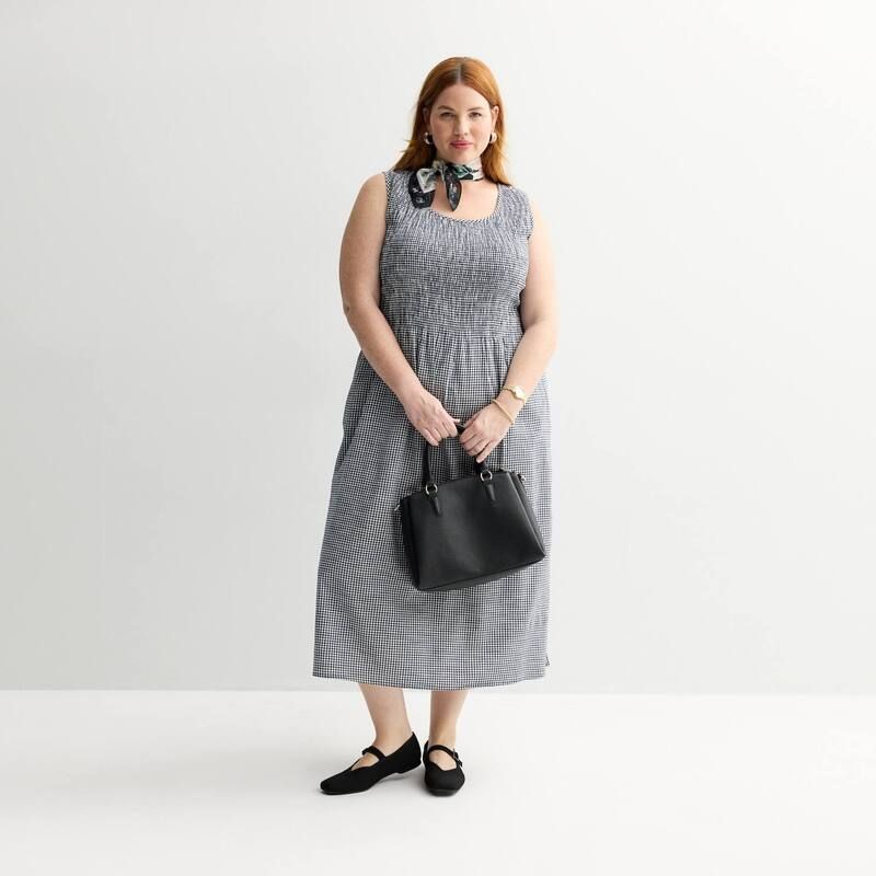 クロフト＆バロー レディース トップス ワンピース プラスサイズ ミディ シャーリング Plusize Croft Barrow Smocked Midi Dress Navy Small Gingham ネイビー