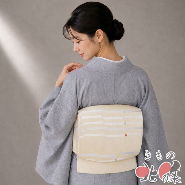 名古屋帯 なごや帯 中古 リサイクル 正絹 カジュアル 仕立て上がり 地模様 麻の葉模様 練色 多色 きもの北條 A1365-11