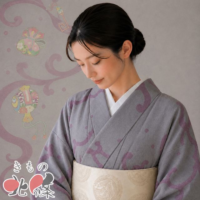 小紋 着物 中古 正絹 袷 縮緬地 宝尽くし 波文 源氏鼠色 暗紅色 多色 金 身丈165cm 裄65.5cm L トール ワイド きもの北條 A1365-1