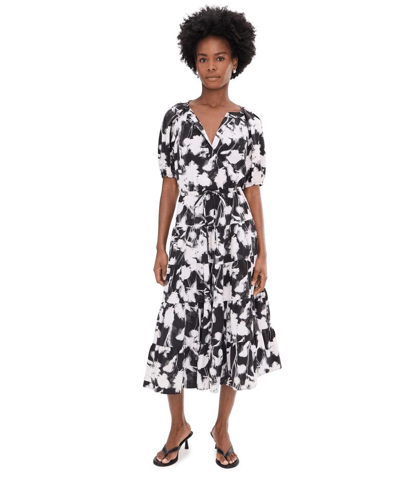 カルバンクライン レディース トップス ワンピース ティアード フラワー柄 ミディ フラワー Calvin Klein Puff Sleeve Commuter Floral Tiered Midi Black White ホワイト