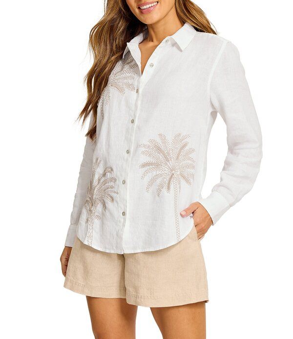 トッミーバハマ レディース トップス シャツ 刺繍 リネン Tommy Bahama Sunny Palms Coastalina Linen Palm Treembroidered Point Collar Long Sleeve ButtonFront S