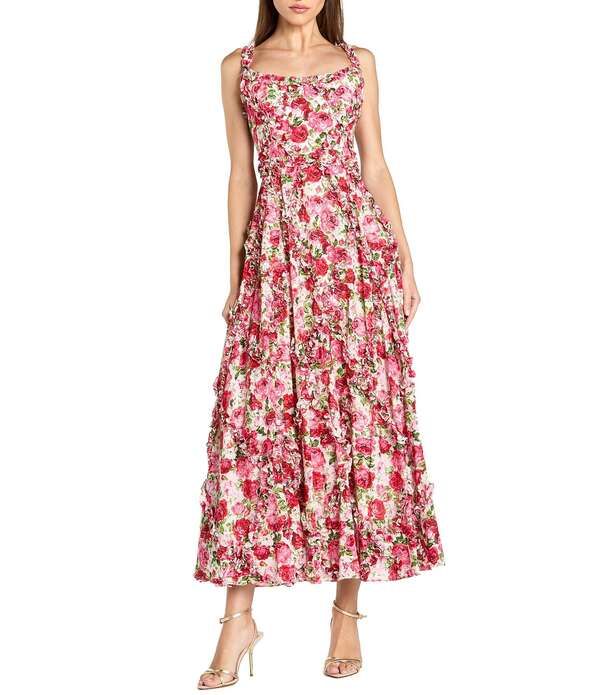 マックダガル レディース トップス ワンピース フラワー柄 プチ フリル コットン アンクル フラワー Mac Duggal Petite Size Floral Cotton Ruffle Square Neck Ankle Dress Pink Multi